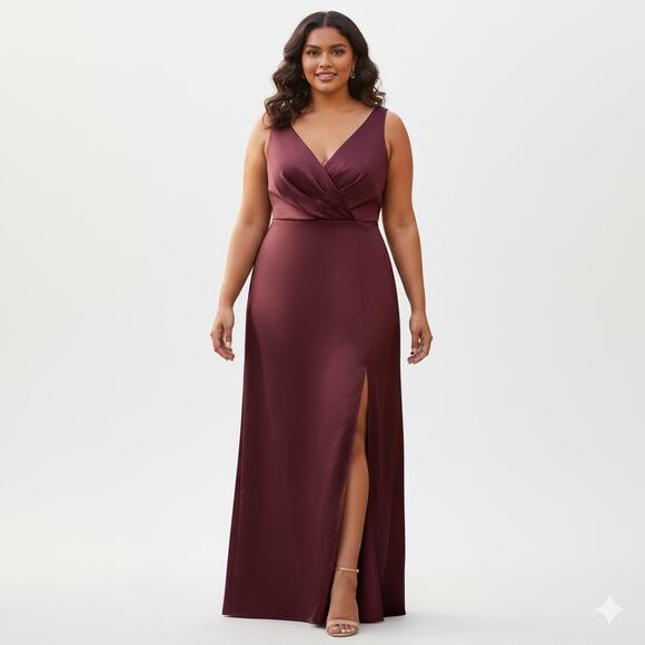 Anthropologie Dresses & Skirts - BHLDN Piper Dress 22W Plus Burgundy Satin V-Neck Maxi Bridesmaid Formal Gown